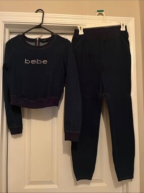 bebe Navy Rhinestone Logo Sweatshirt with Matching Leggings
